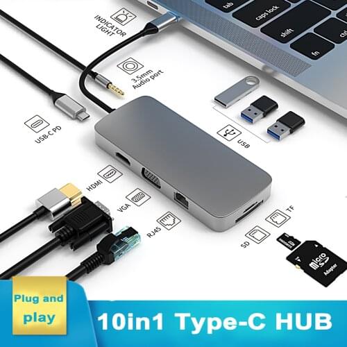 TFZHN Docking Station Hub with USB Type C Multi-function Hub Usb Hub 10 in 1 Hub Converter to HDMI 4K VGA Adapter adapter RJ45