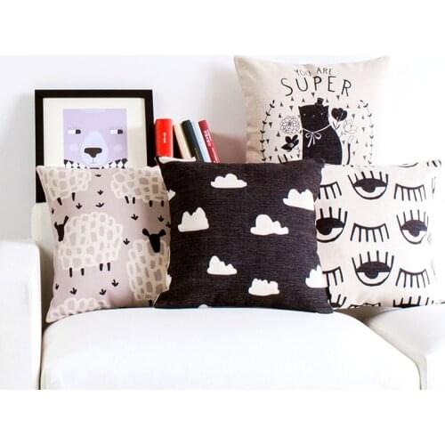 Home Decorative Pillow Cover Black White Floral Sheep Cat Cartoon Geometric Pillow Cushion Cover Linen Pillowcase Sofa Cushion