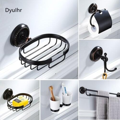 European Style Black Brass Toilet Brush Bathroom Folding Mirror Luxury Residential Round Towel Ring Bathroom Hardware Kit
