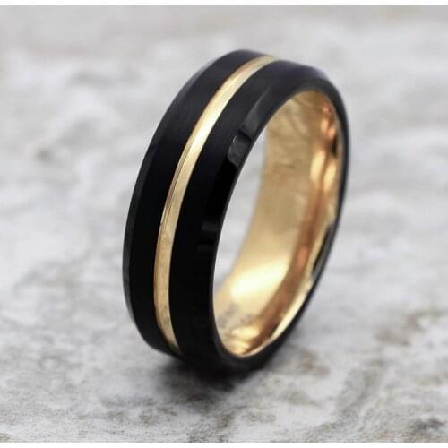 I & FDLK New 8mm Black Brushed Black Edge Stainless Steel Ring Gold Color Groove Stripe Mens Wedding Band Jewelry