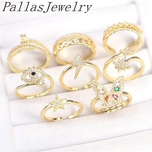 12Pcs Fashion Crystal cz ring, adjustable unique Mix style plated ring, cz charm gold color jewelry wholesale