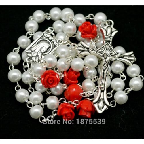 Fashion White Glass Pearl Red Rose Father Bead Rosary With Fatima or Madonna Centerpieces