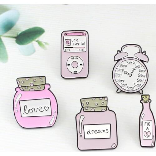 Cartoon Sleep Alarm Clock MP3 Brooch Pink Dream Love Bottle FIX Magic Potion Enamel Pin Sweater Backpack Badge Friends Gifts