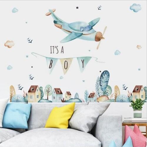 Cartoon Airplane Fairy Tale Town Wall Stickers For Childrens Room Kindergarten Background Wall Decoration Home Decor 30*90CM