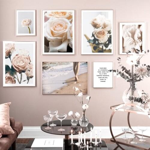 Rose Peony Flower Beach Quotes Landscape Wall Art Canvas Painting Nordic Posters And Prints Wall Pictures For Living Room Decor