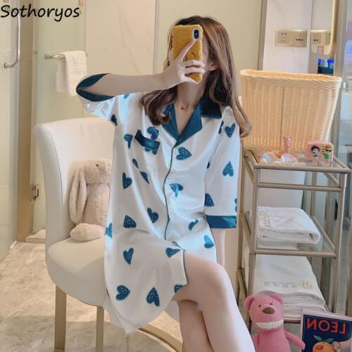 Nightgowns Women Korean-style Silk Half-sleeve Turn-down Collar Loose Sleep-shirts Sweet Girls Trendy Printed Comfortable Simple