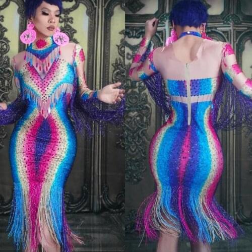 New Fashion Africa Multicolor Tassel Party Celebration Dress Women Sexy Latin Dance Fringes Dress Birthday Prom Bodycon Dress