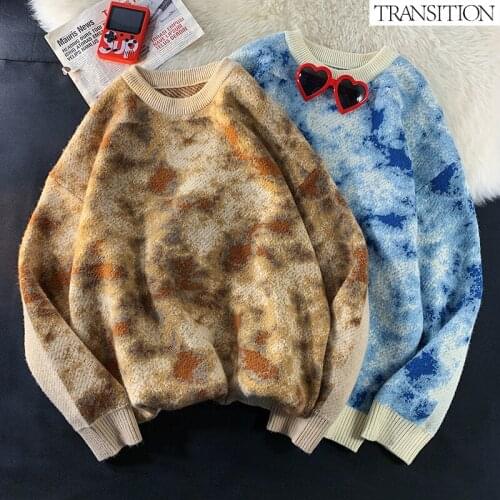 2021 mens new round neck pullover tie-dye sweater trend high street neutral wind pullover sweater