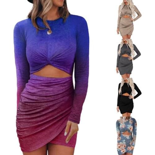 Front Knot Ruched Bodycon Dress Women Hollow Out Sexy Long Sleeve Wrap Mini Dress Streetwear