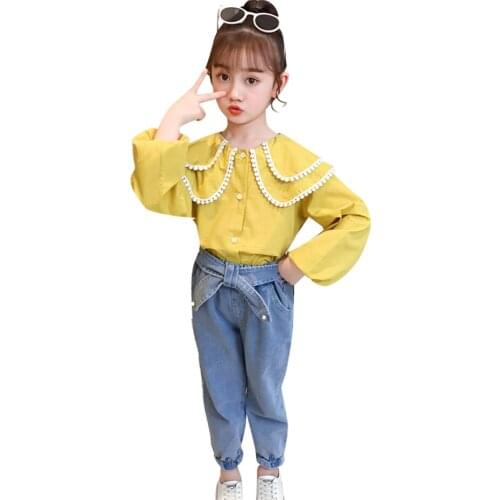 Clothes For Girls Blouse + Pearls Jeans Girls Clothing Casual Style Clothes For Girls Spring Autumn Childrens Clothes Girl