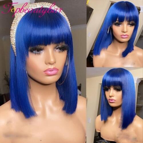 Blue Straight Bob Wig With Bangs 13X4 Short Lace Front Human Hair Wigs For Women 180% Malaysian Straight Bob Lace Front Wig