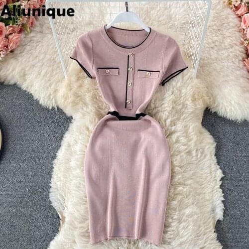 Aliunique New Trend O-neck Slim Knitting Dress For Women 2021 Fashion Autumn Slim Temperament Lady Summer Short Sleeve Dress