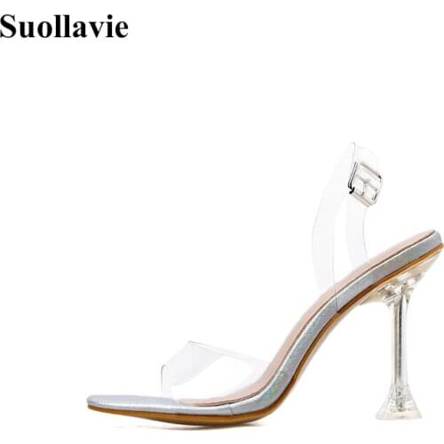 Suollavie clear sandals PVC transparent women shoes summer shoes women sexy pumps buckle strap female high heels Sandalias Mujer