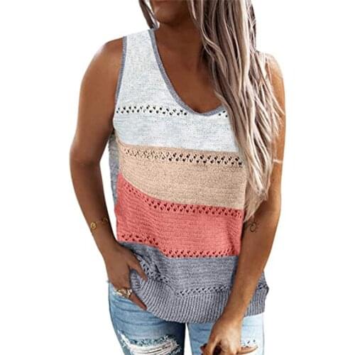 Sexy V-neck Sleeveless Women Blouse Shirt 2021 Summer Stripe Patchwork Knitted Vest Tops Spring Loose Blusa Pullover Streetwear