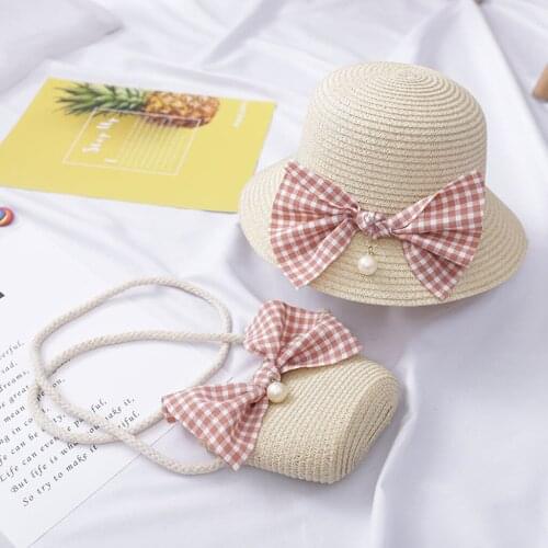 Parent-child Summer New Womens Sun Hat Bucket cap beige lace Bowknot Flowers Ribbon Flat top Straw Hat Beach Caps Panama