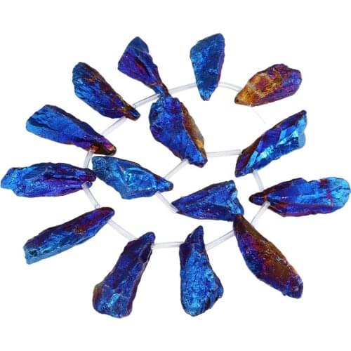 TUMBEELLUWA Blue Titanium Coated Natural Crystal Point Aura Quartz Raw Stone Loose Beads Strand,for Jewelry Making Top Drilled