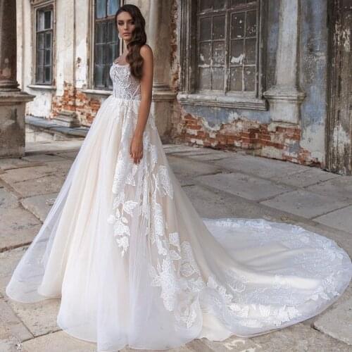 Tulle O Neck A-line Wedding Dresses Sexy Backless Lace Appliques Bridal Gown Customized Robe De Mariage Wedding Gown 2021
