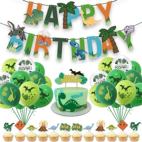Dinosaur Theme Birthday Party Decorations Animal Print 32Pcs Latex Balloon Paper Banner Cake Card Set