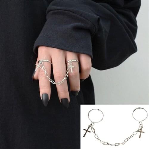 Siamese Gothic Style Cross Chain Rings for Women Men Teen Girls Finger Rings Adjustable Ring Jewelry Gifts Party Accessories