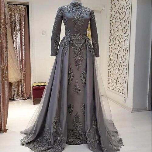 Gray Muslim Evening Dresses A-line Long Sleeves Appliques Beaded Dubai Saudi Arabic Long Evening Gown Prom Dress