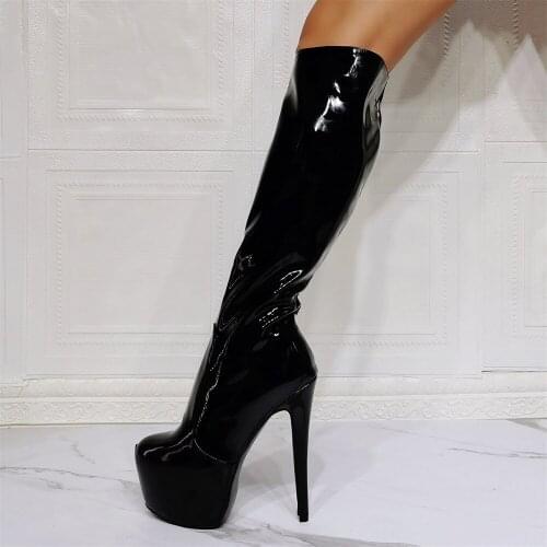 Large Size 19 20 Unisex Women Men Sexy Knee High Black Boots Platform Leather Thin High Heels Round Toe Stiletto Party Shoes