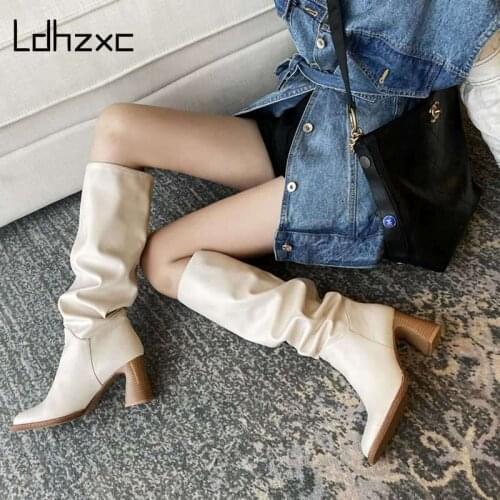 LDHZXC Size 34-43 2021 INS Women Knee High Heel Boots Lady Riding Botas Warm Winter Shoes Women Sexy Square Toe Casual Footwear