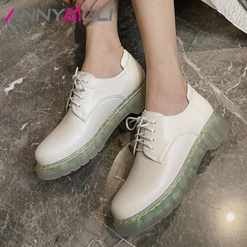 ANNYMOLI Flat Platform Shoes Real Leather Woman Shoes Round Toe Casual Flat Shoes Lace Up Female Footwear Spring White Size 42