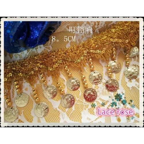 Golden head iron coin wave beaded lace Tassel lace trimming sequins fringe lace ribbon trim Dance dress ccessories