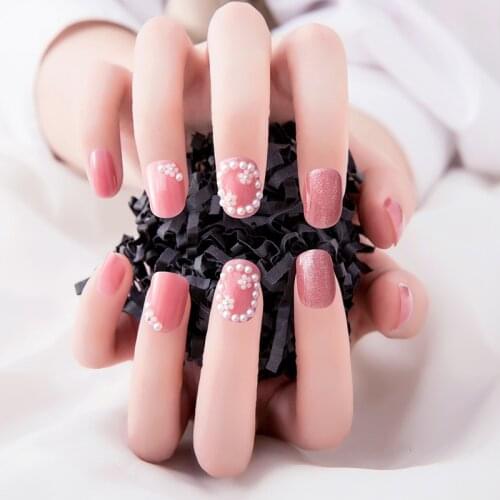 High Quality 24pcs Flower Printed Nail Patch Pearl Inlaid Glue Type Removable Short Paragraph Fashion Manicure False Nail Patch