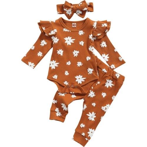 Newborn Baby Girl Clothes Floral Ruffled Long Sleeve Romper Elastic Waist Pants Headband 3Pcs Cotton Clothing For Girls 0-18M
