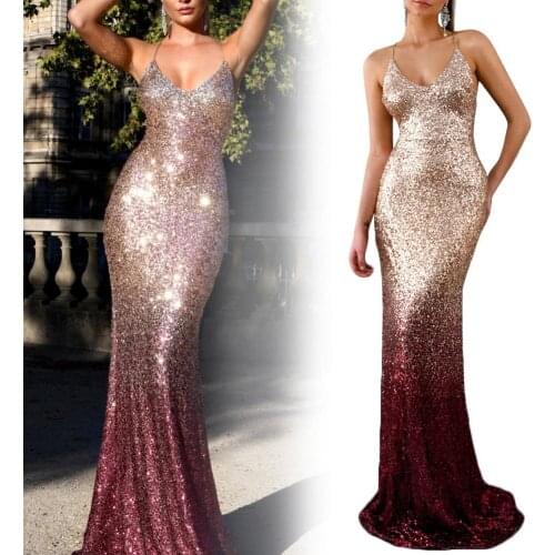 50% Hot Sales Women Sexy V Neck Spaghetti Strap Gradient Shiny Sequin Evening Party Gown Dress