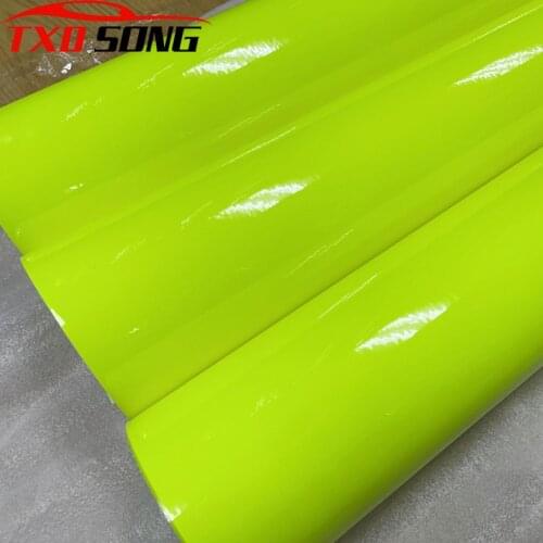 50CM*200/300/500CM Glossy Fluorescent yellow Green Vinyl Sticker With air free bubble Neo yellow Vinyl Wrap Film With 3 Layers