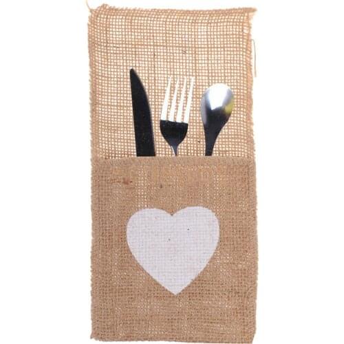 6pcs/lot Wedding Party Hessian Burlap Heart Cutlery Holder Pouch Bag Wedding Flatware Storage Decoration