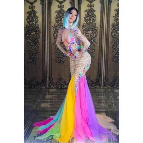 Long rainbow dress pary Stage female singer hosts colorful rhinestone evening dress