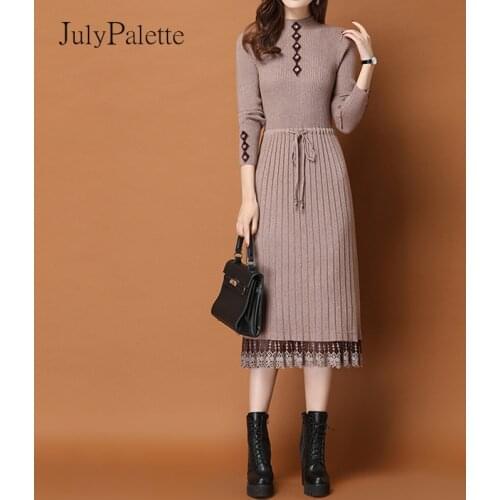 JulyPalette Autumn Winter Casual Knitting Dress Fashion Women Lace Splice Full Sleeve Sweater Dress Lace-up A-line Vestidos 3XL
