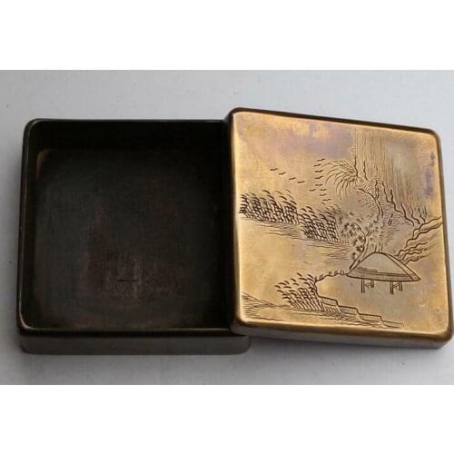 Collection Chinese carved landscape painting square old copper ink box