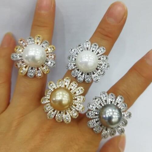 GODKI Trend Pearl Flowers Chic Rings for Women wedding Cubic Zirconia Finger Rings Beads Charm Ring Bohemian Beach Jewelry GIFT