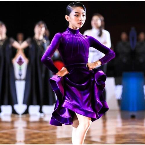 Latin Dance Clothes Children Purple Long Sleeve Velvet Tops Skirt Suit Practice Clothes Latin Dance Competition Clothes DN7418