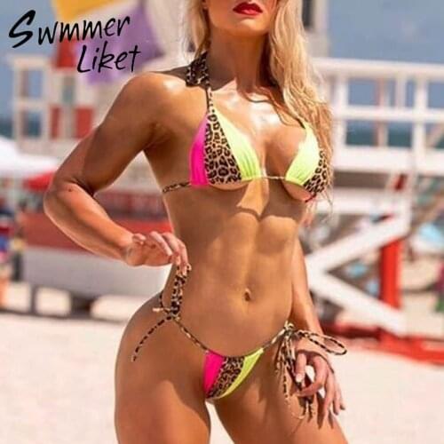 Summer 2019 beach wear neon biquini Micro string swimsuit push up sexy bikini set Patchwork leopard swimwear women bathing suit