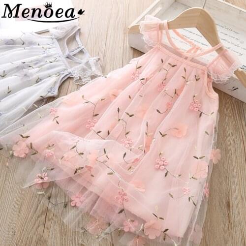 Menoea Kids Dress Fashion 2020 Summer Sleeveless Girls Mesh Casual Lace Embroidery Princess Children Kids Dresses For Gils
