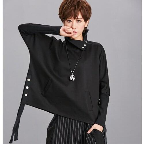 Fashion Irregular High Collar Solid Color Black T-Shirt Women Blouse Slim Long Sleeved Top Loose bangage Cotton Summer Dress