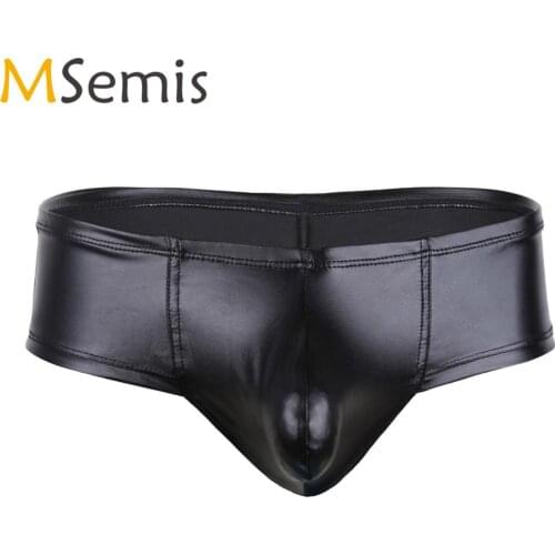 MSemis Mens Underwear Wet Look Faux Leather Low Waist Bikini Briefs Male Bulge Pouch Jockstraps Knickers Homme Gay Hot Panties