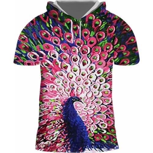 UJWI Peacock Short Sleeve Hoodie Blue Animal Pink Unfolded Tail Mens Round Neck Pullover Oversized Fashion Casual Top Dropship