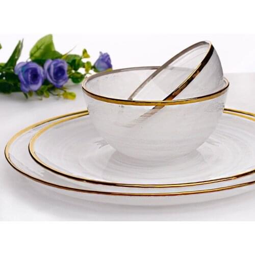 Glass Cutlery Set Flat Plate Golden Edge Plate Salad Bowl Dinnerware Set Plate Mist Side Tray Glass Tableware Set Soup Bowl 1pcs