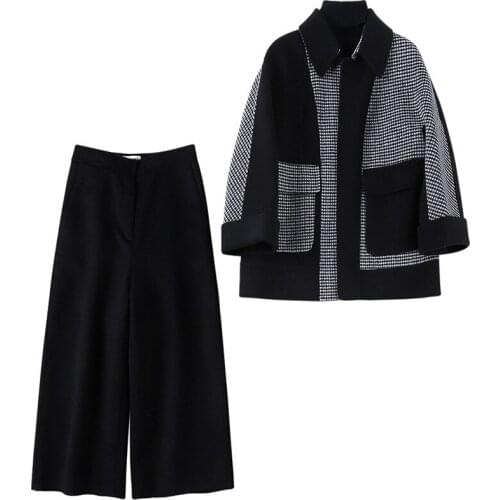 New womens autumn and winter woolen two-piece trousers plaid jacket wide-leg pants casual fashion ladies suit