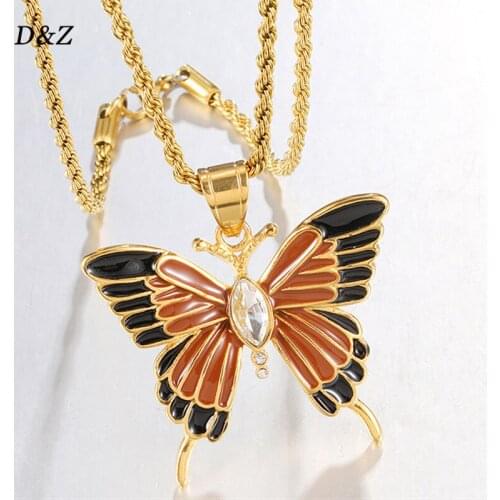 D&Z New Butterfly Pendant Necklace Stainess Steel With CZ Stones Gold Color Hip Hop Charm Necklace Jewelry Men Women Gift