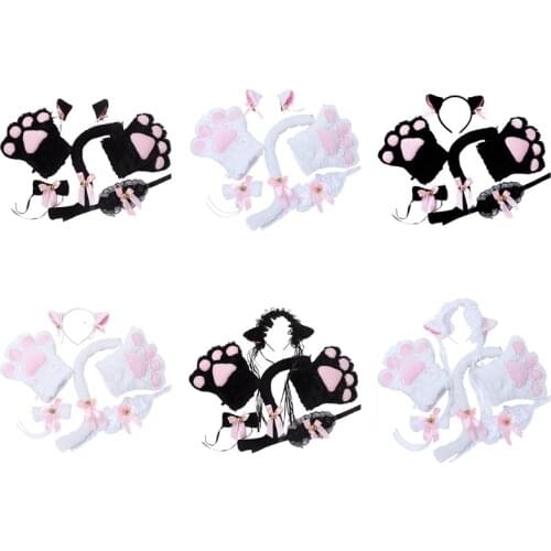 Lolita Plush Cat Ears Headband Kitty Tail Gloves Set Paw Cute Bows with Bells Gorgeous Gothic Cosplay Accessories