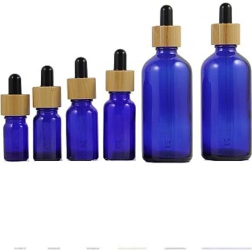 5ml 10ml 15ml 20ml 30ml 50ml 100ml Essential Oil Dropper Empty Bottles Blue Glass Cosmetic Packaging Containers Bamboo Wood Lid