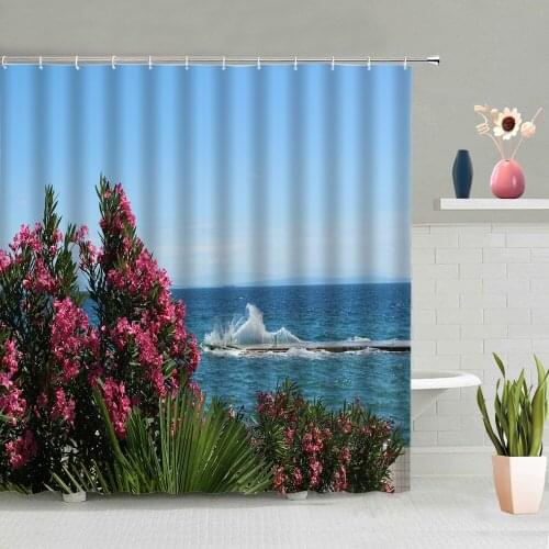 Ocean Flowers Shower Curtain Summer Scenery Bathroom Decoration Bathing Curtains Washable Hanging With Hooks Home Decor Screen