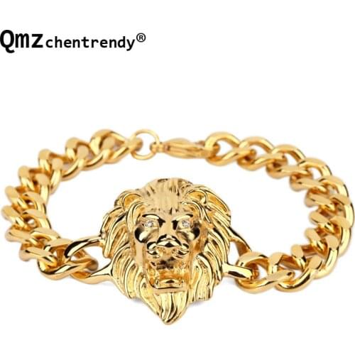 Hip HopStainless Steel Lion Head Chain Link Bracelet Bling Hipster Bangle Men Women Charm Cuff Wristband Jewelry